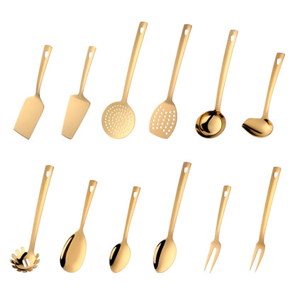 4/12pcs Stainless Steel Kitchen Utensils Gold Cooking Tool Long Serving Sets Scoop Spoon Fork Turner Ladle Cake Shovel