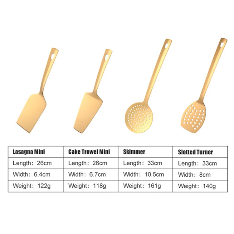 4/12pcs Stainless Steel Kitchen Utensils Gold Cooking Tool Long Serving Sets Scoop Spoon Fork Turner Ladle Cake Shovel