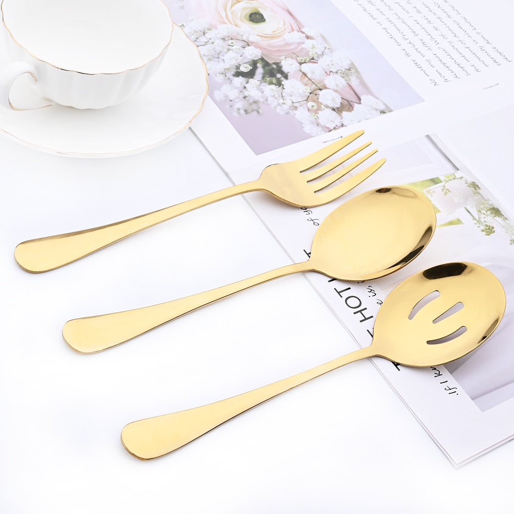 5Pcs Gold Dinnerware Set Stainless Steel Cutlery Serving Utensils Buffet Catering Serving Colander Spoons Fork Silverware Set