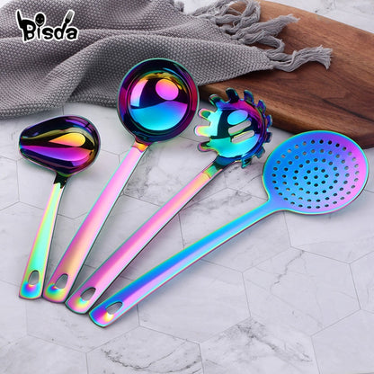4/12pcs Stainless Steel Kitchen Utensils Gold Cooking Tool Long Serving Sets Scoop Spoon Fork Turner Ladle Cake Shovel