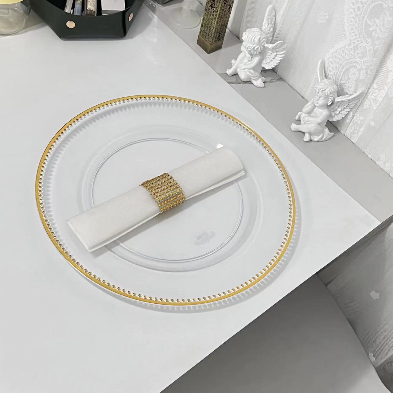 Uniquelina 13-Inch Charger Plates , Clear Gold Textured Rim, for Elegant Dining - Ideal for Weddings and Formal Events