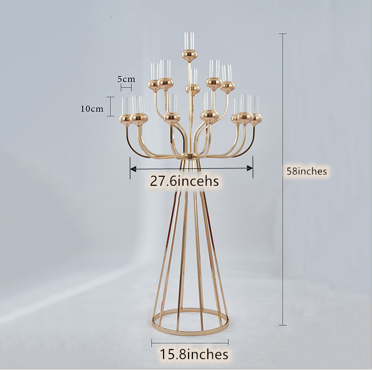 Uniquelina 16 Intwaro Ikirahuri cya buji Inkoni yubukwe Imitako ya Zahabu Candelabra Centre Igice cyameza Centre Ibice byubukwe