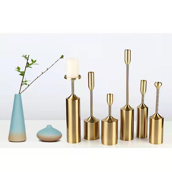 Uniquelina Pack 6 Brass Gold Metal Taper Candlesticks Candleholder Vintage Mid-Century Modern Candlestick Home Cabin Lodge Table Mantel Wedding Centerpiece Candle Holders (Brass Golden, Pack of 2 Medium 9")