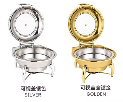 wholesale gold round stainless steel chafing dishes, 4.5–8L, in Abuja for hotels and events.