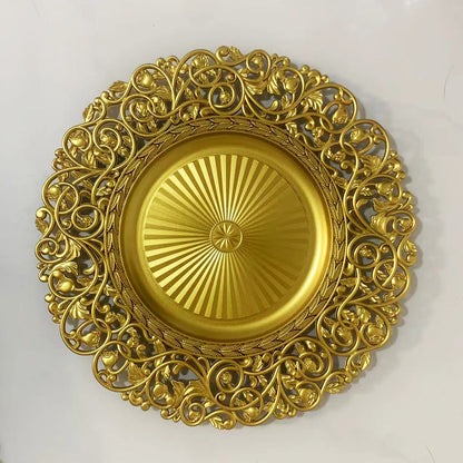 uniquelina Wholesale Baroque Metallic Charger Plates, Bulk French Style Decor, Ornate Charger Plates, Rustic Farm Table Decor (4, Gold)
