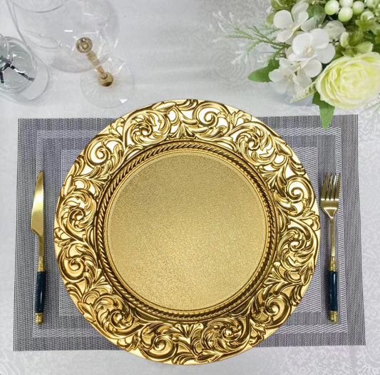 Uniquelina Wholesale Baroque Metallic Charger Plates, Bulk French Style Decor, Ornate Charger Plates, Rustic Farm Table Decor (4, Gold)