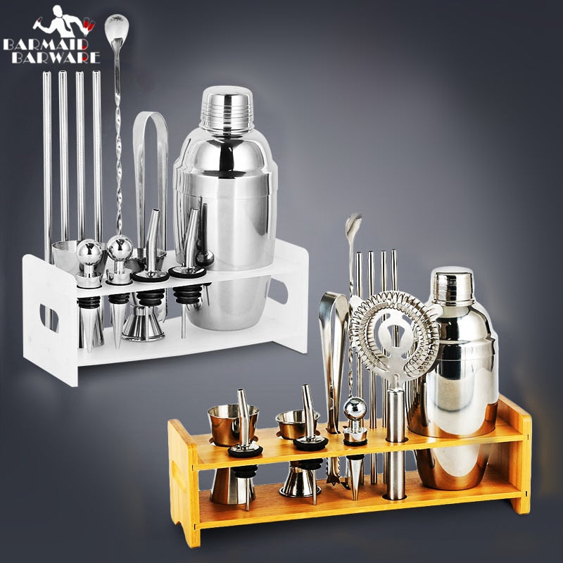 Ensemble de Bar à Cocktail en plastique et support en bois, en acier inoxydable plaqué cuivre, Kit de navigateur de barman, outils de jeu de barres