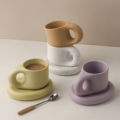 300ml Creative Handmade Fat Handle Mug and Oval Plate Personalized Ceramic Cup Saucer For Coffee Tea Milk Cake Nordic Home Decor
