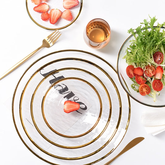 Nordic Glod Charger Glass Dinner Dish Plate Salad Soup Fruit Bowl Dessert Bead Wedding Plate Decorative Tableware