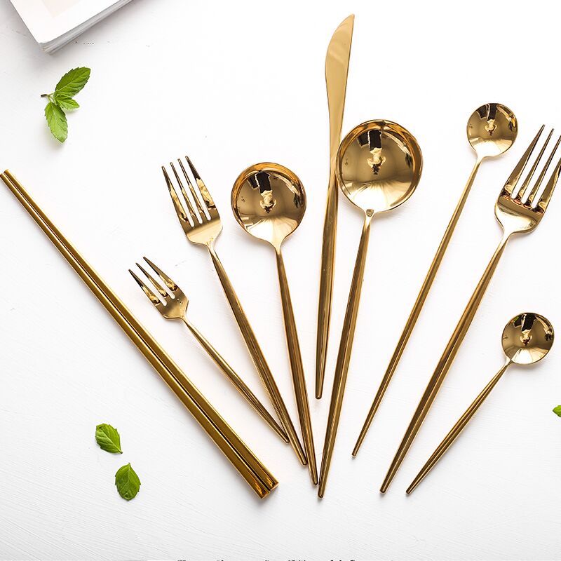 Mirror Gold Cutlery Set 304 Stainless Steel Silverware Tableware Set Service Bright Chopstick Forks Knives Spoons Dinner Set