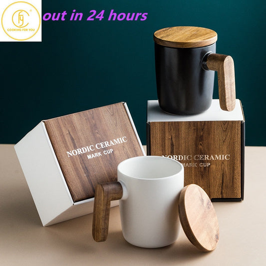 Gift Package Wooden Handle with Cover coffee cup Lovers coffee Mugs Ceramic coffee Mug cup set wooden coffee cup