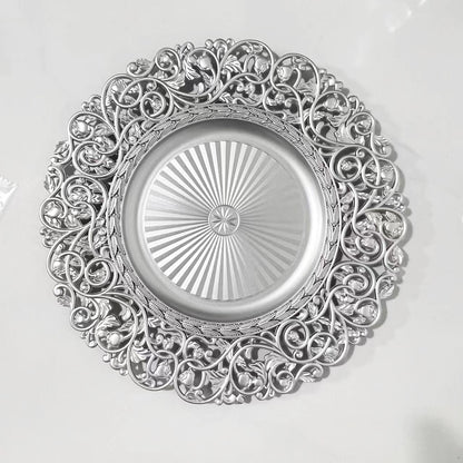 uniquelina Wholesale Baroque Metallic Charger Plates, Bulk French Style Decor, Ornate Charger Plates, Rustic Farm Table Decor (4, Gold)