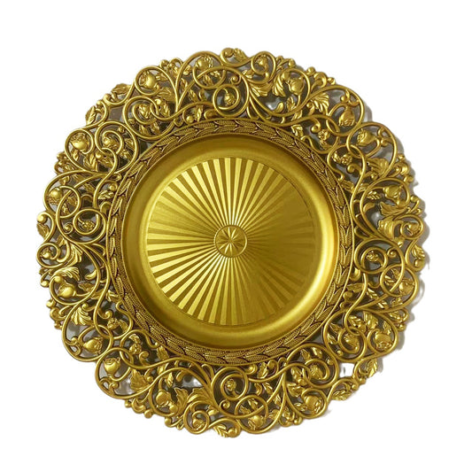 uniquelina Wholesale Baroque Metallic Charger Plates, Bulk French Style Decor, Ornate Charger Plates, Rustic Farm Table Decor (4, Gold)